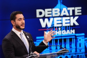 Democratic nominee for U.S. Senate Abdul El-Sayed, talks during a televised debate with Republican nominee for U.S. Senate Mike Rogers at WOOD-TV, on Thursday, Oct. 8, 2026, in Grand Rapids, Mich. (AP Photo/Paul Sancya, Pool)