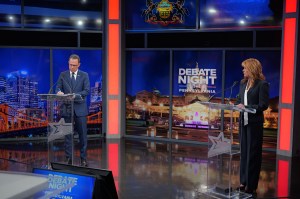 Governor Josh Shapiro, a Democrat, and State Treasurer Stacy Garrity, a Republican, debate at WHTM in Harrisburg Wednesday, Oct. 7. Governor Josh Shapiro, a Democrat, and State Treasurer Stacy Garrity, a Republican, debate at WHTM in Harrisburg Wednesday, Oct. 7.